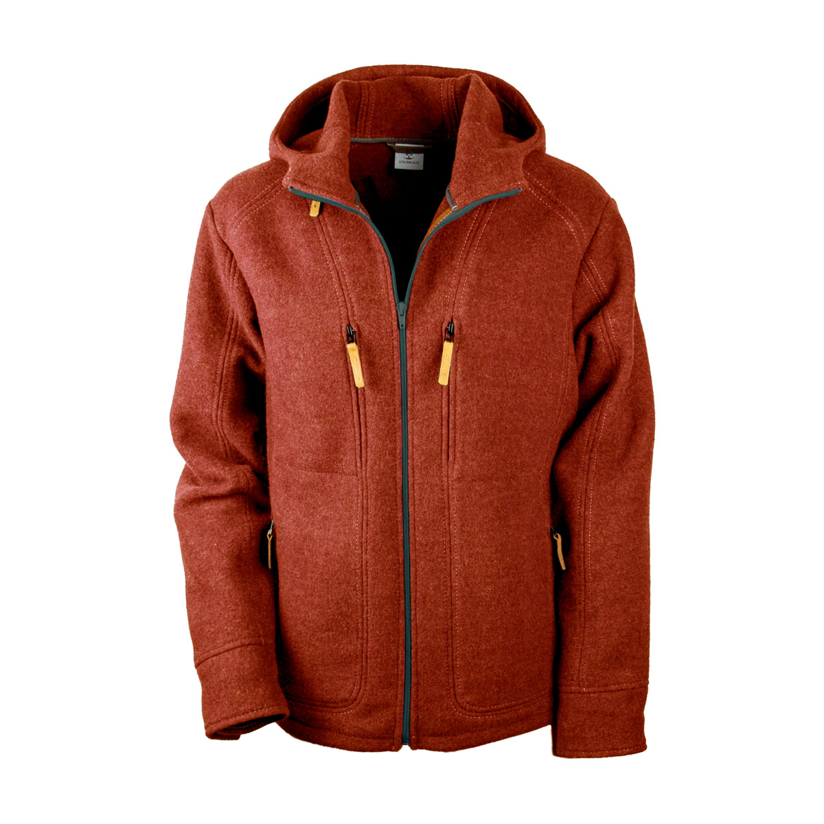 rote Lodenjacke mit Kapuze